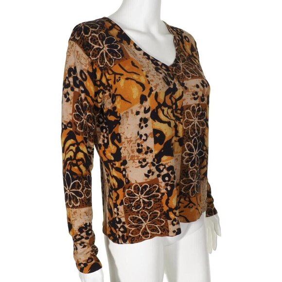 Joseph A Top Womens L Sweater Silk Blend Animal Print Brown Multi V Neck Stretch - Picture 2 of 10